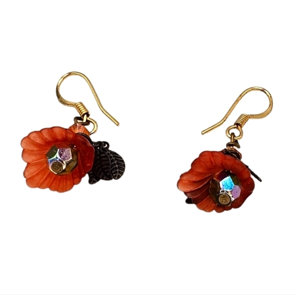 Vintage Jewelry - Vintage Tulip Beaded Drop Earrings Gold Hook Leaves Orange